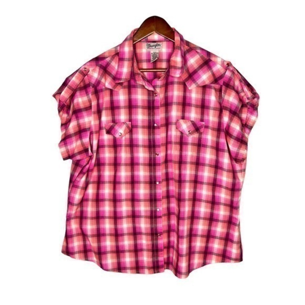 Wrangler Top 3XL Button-Front Western Shirt Pink Orange Plaid Pearl Snap Women's